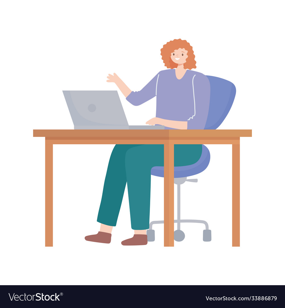 Woman using laptop on desk working isolated design