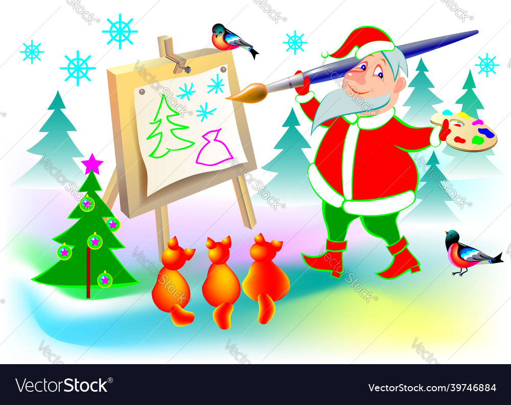 Funny santa claus painting a picture cartoon