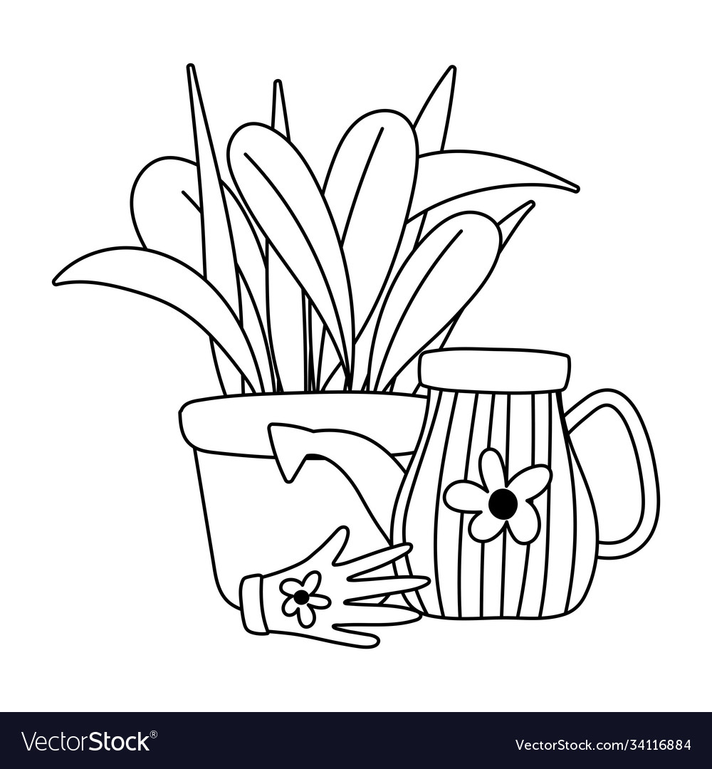 Gardening watering can potted plant and glove Vector Image