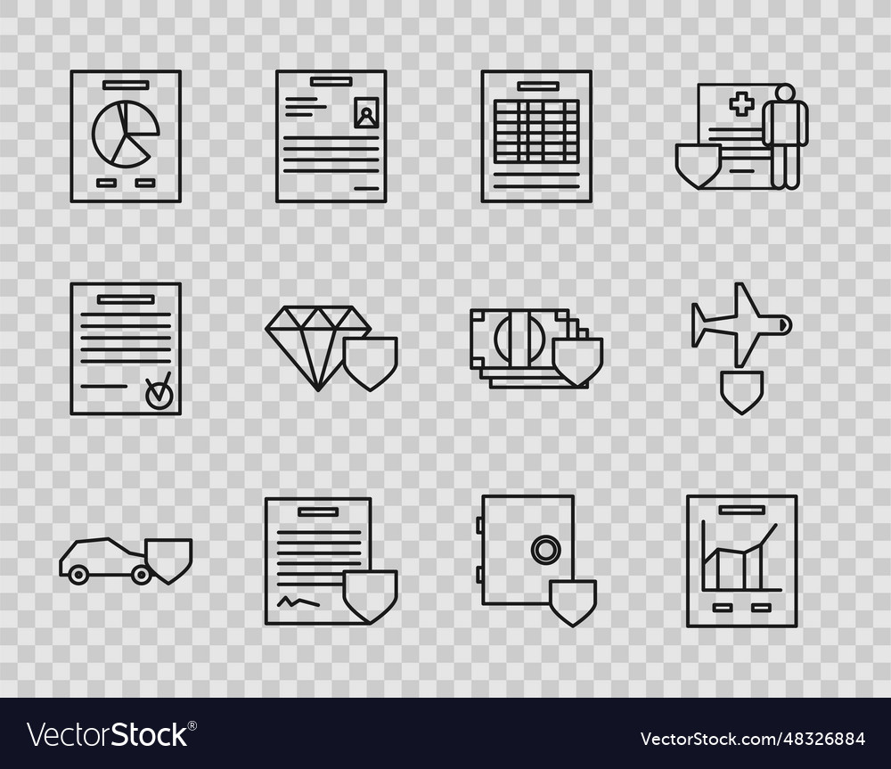 Set line car with shield document graph chart vector image Set line car with shield document graph chart