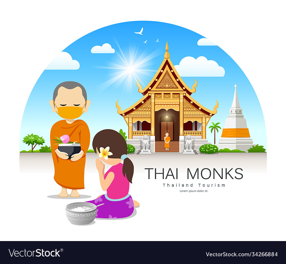 Women offering alms to thai monks put face mask Vector Image