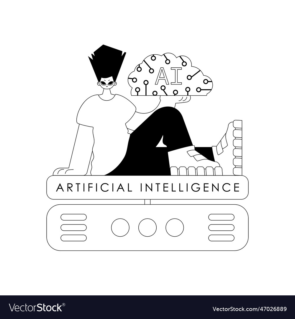 Ai man and server in a line design showcasing vector image Ai man and server in a line design showcasing