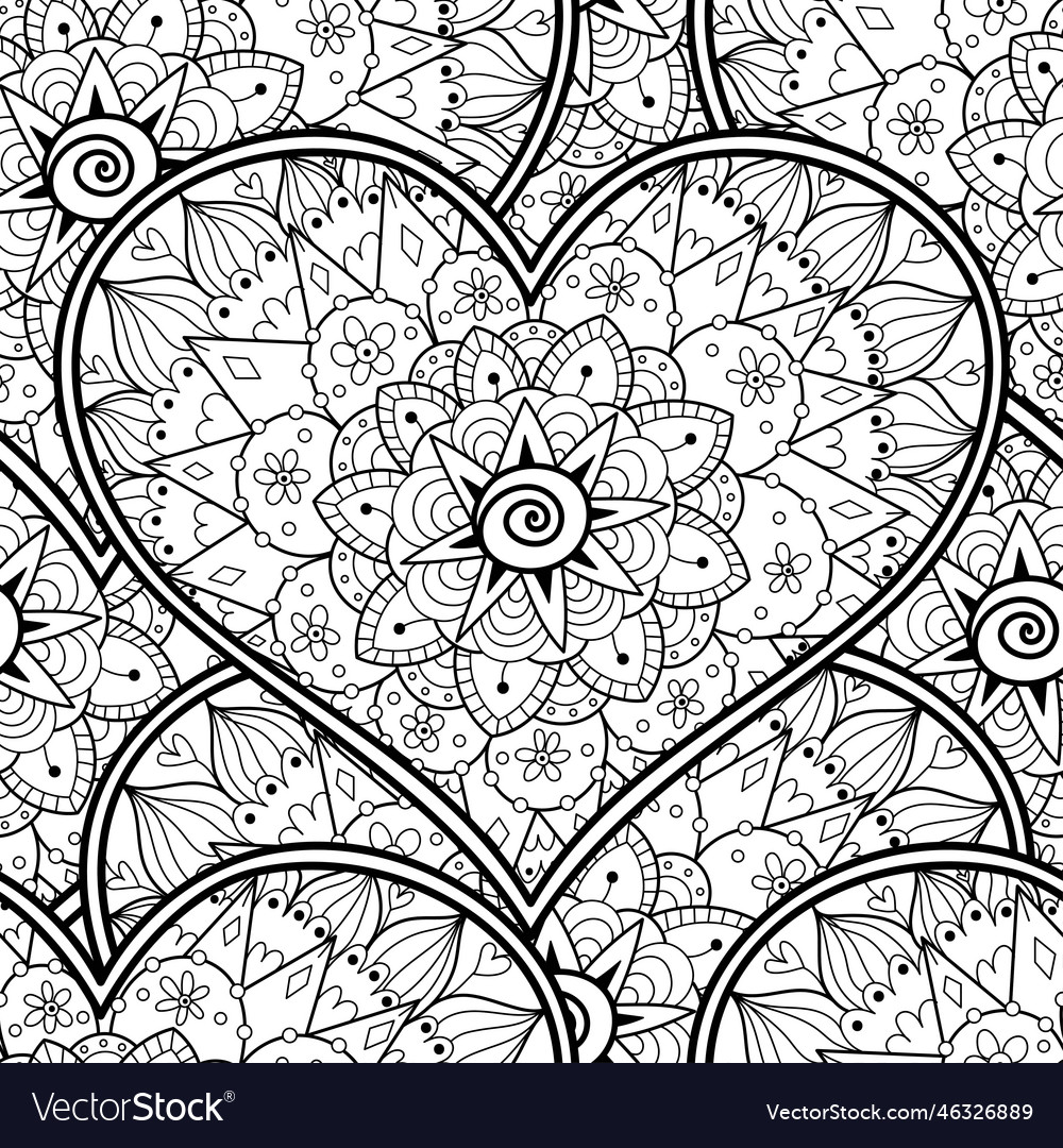 Floral heart mandala black and white seamless