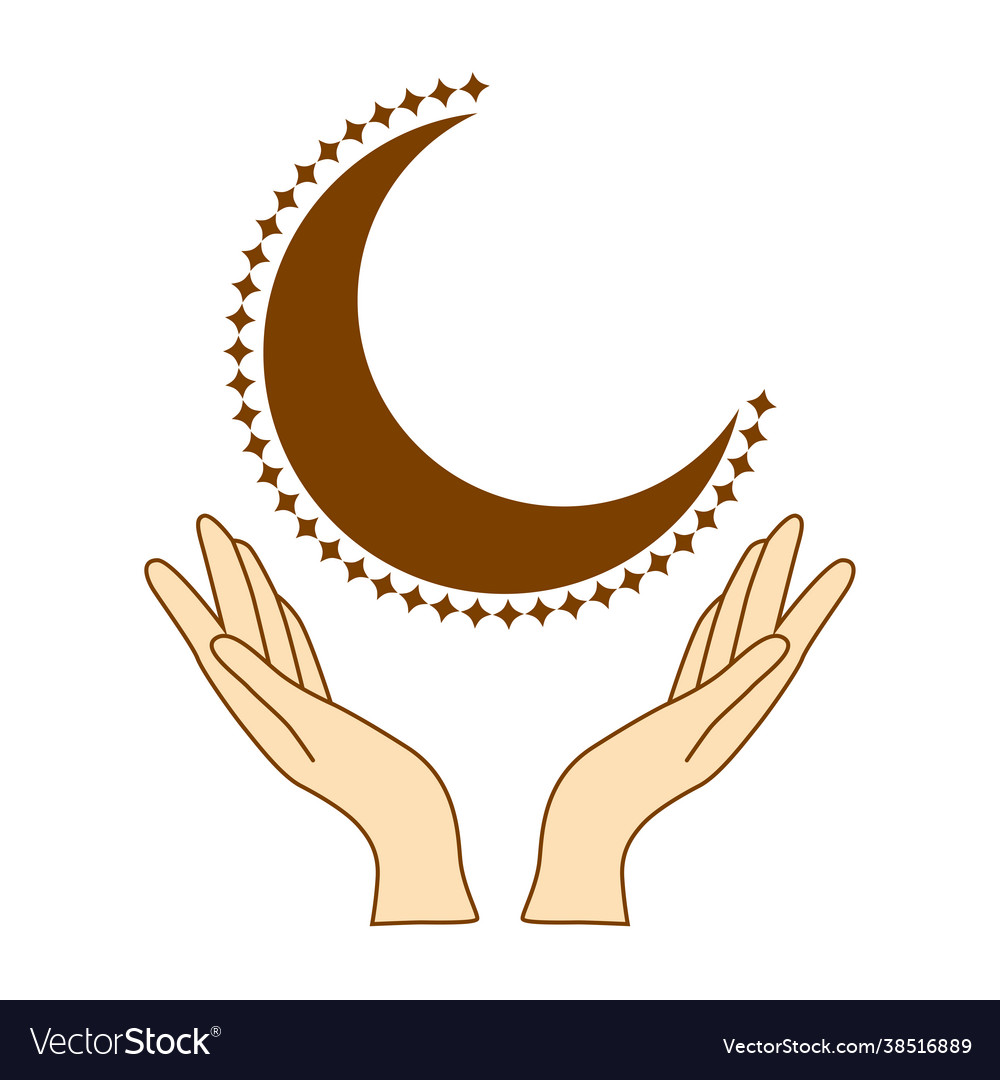 Hands are holding a crescent moon boho style