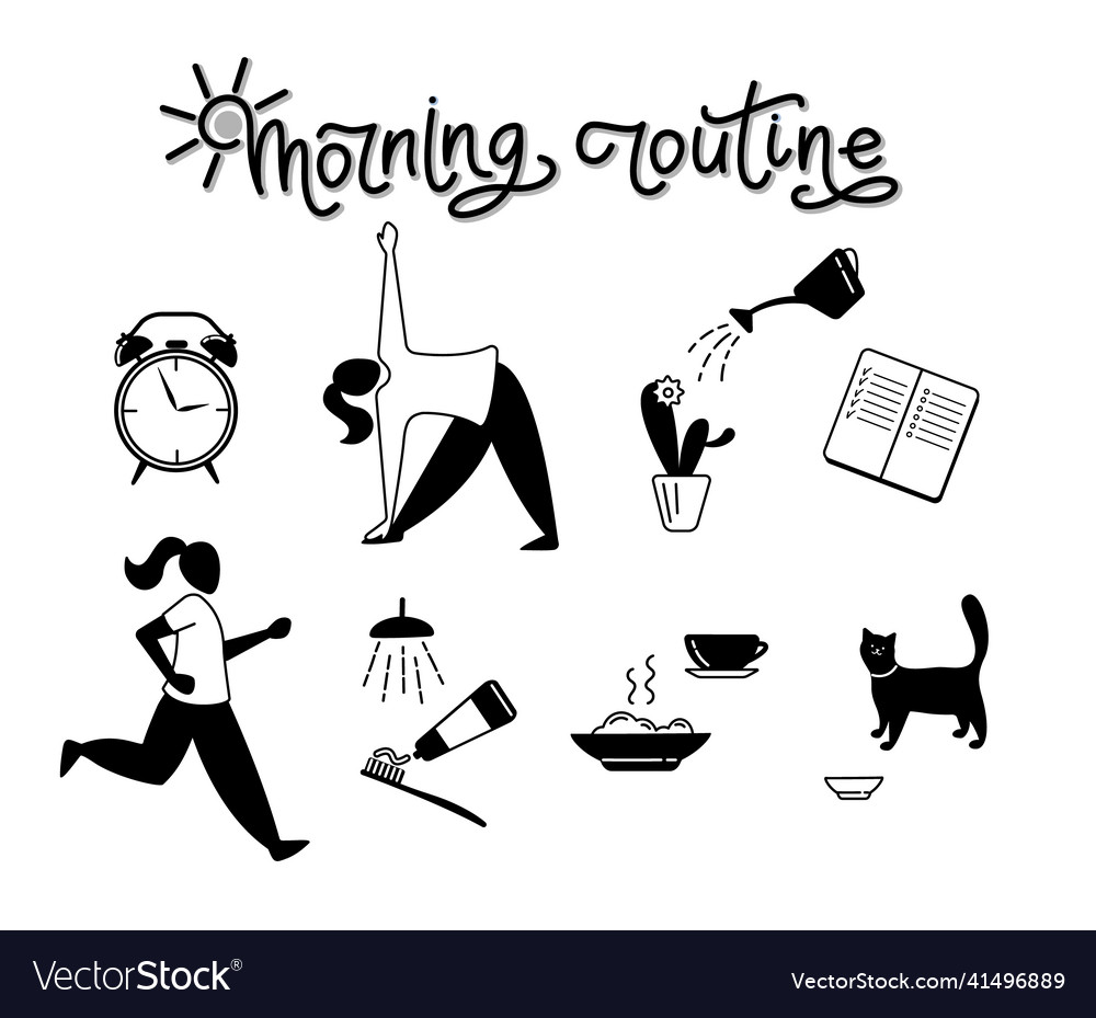 Morning routine lettering and set of icons