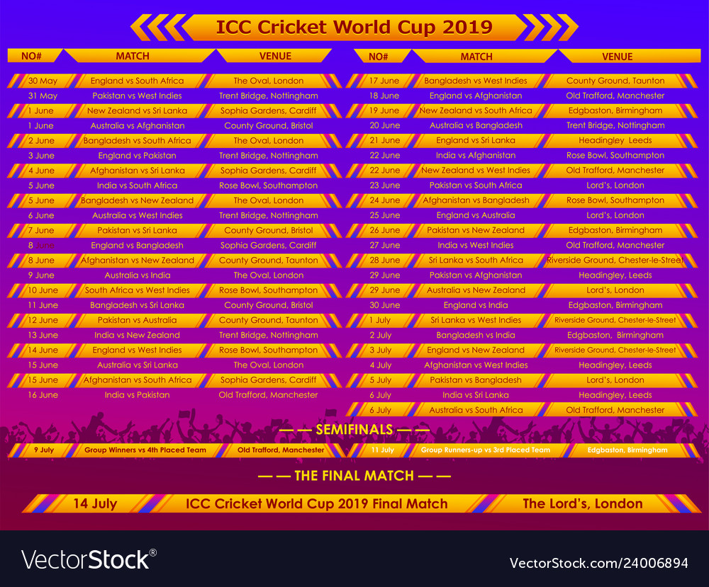 Cricket world cup 2019 match schedule sports Vector Image