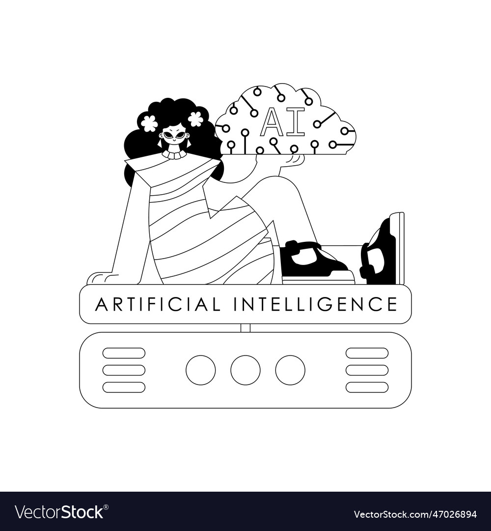 Girl and ai server in linear style the artificial vector image Girl and ai server in linear style the artificial