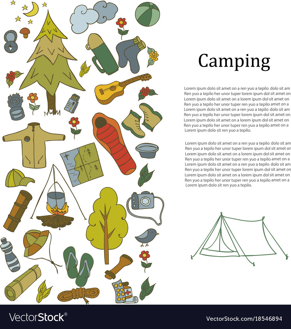 Set of hand drawn sketch camping equipment symbols