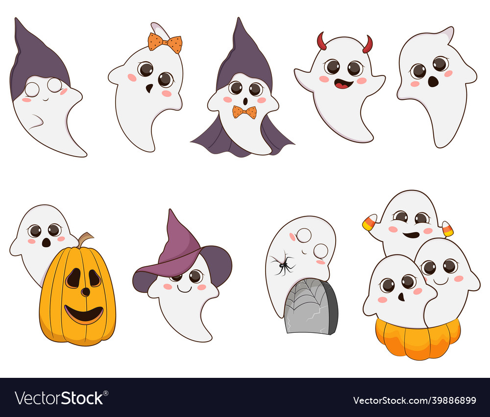 Cute halloween ghosts set on white background