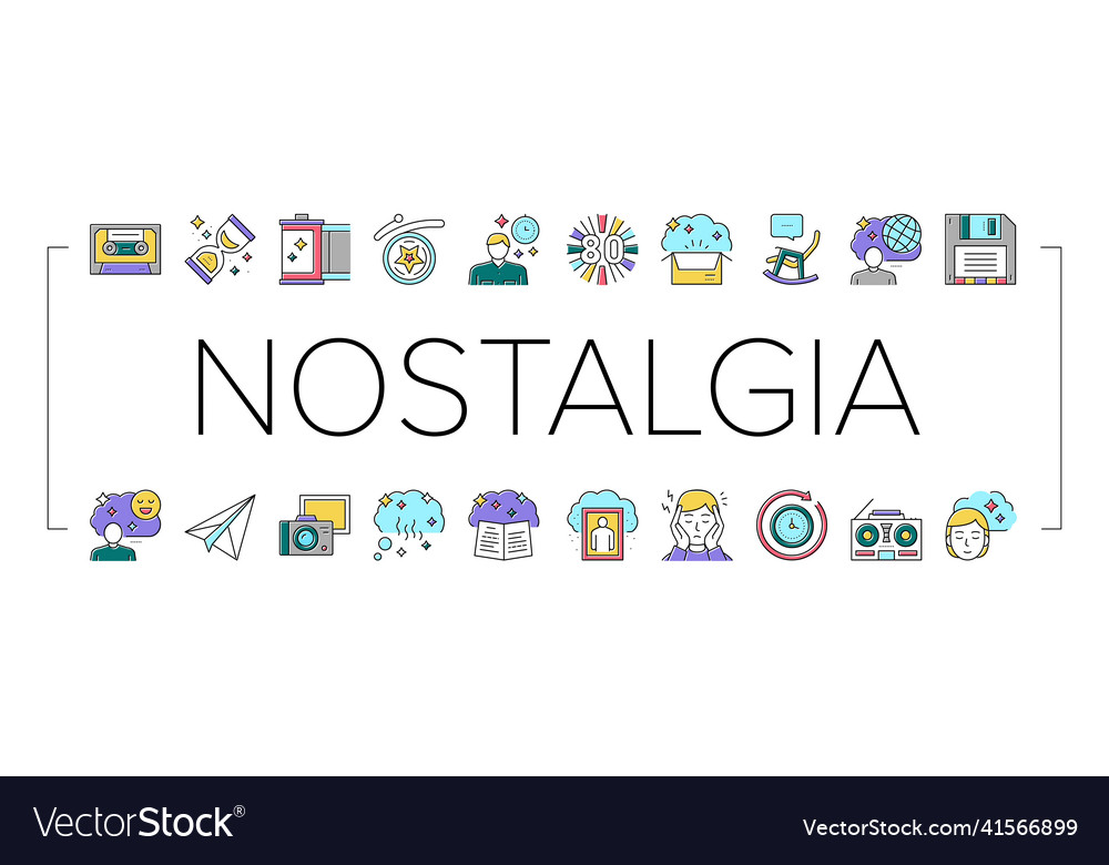 Nostalgia and memory collection icons set