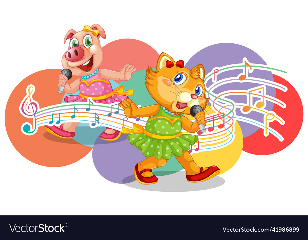 Singer Cat And Pig Cartoon With Music Melody Vector Image