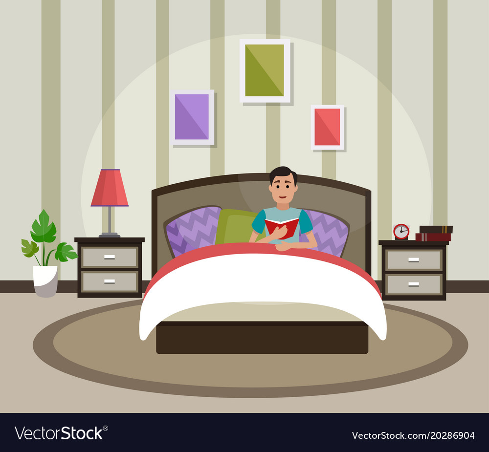 A man is reading book in bed interior Royalty Free Vector