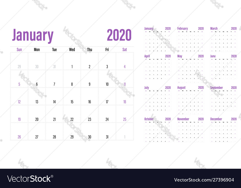 Calendar planner 2020 template vector image Calendar planner 2020 template