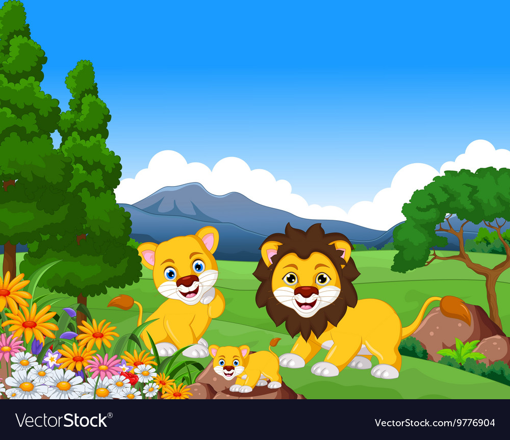 Funny lion cartoon family in the jungle