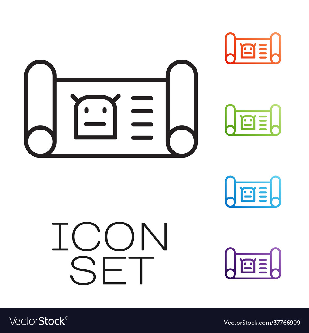 Black line robot blueprint icon isolated on white vector image Black line robot blueprint icon isolated on white