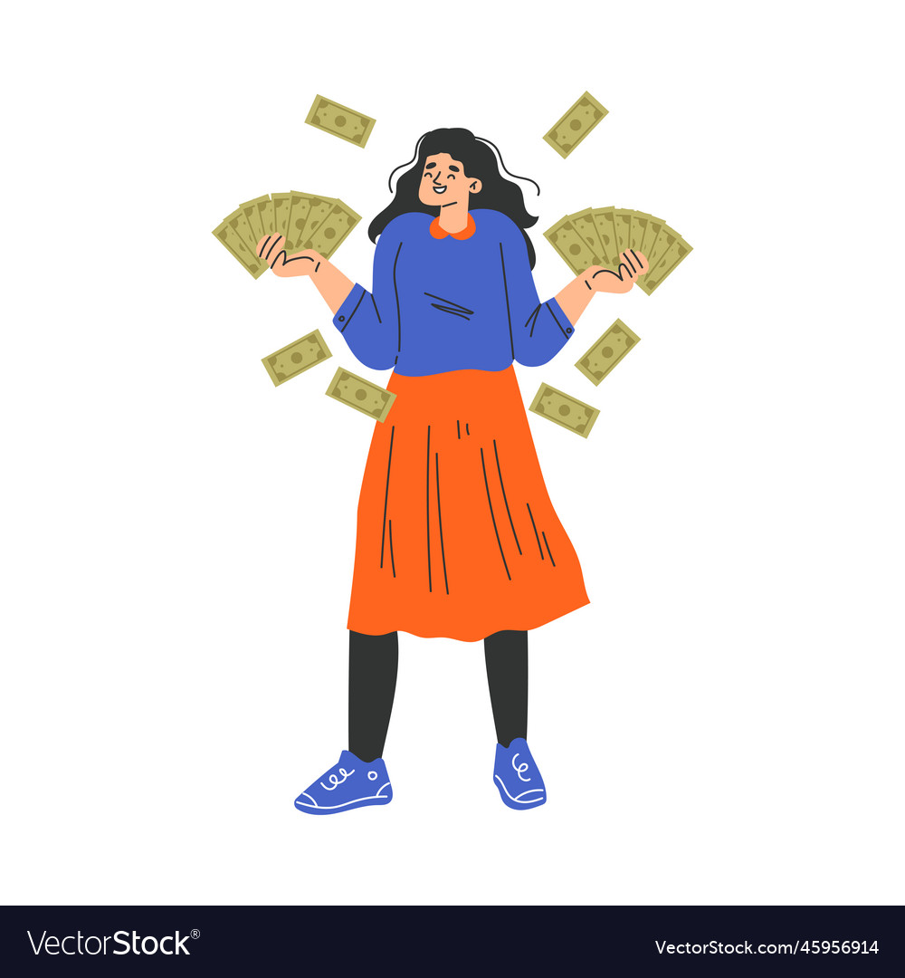 Rich woman character holding green banknotes