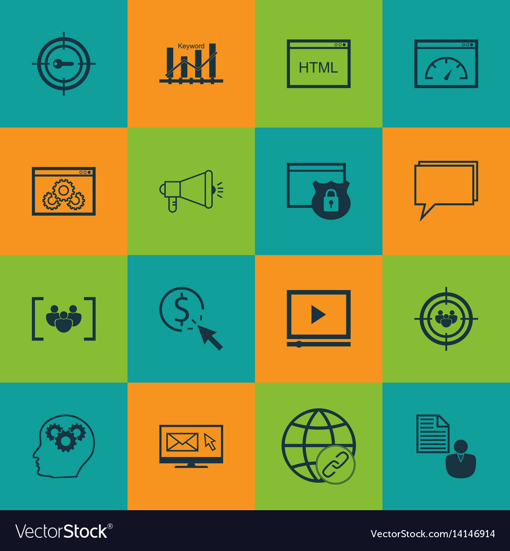 Set of 16 seo icons includes web page performance
