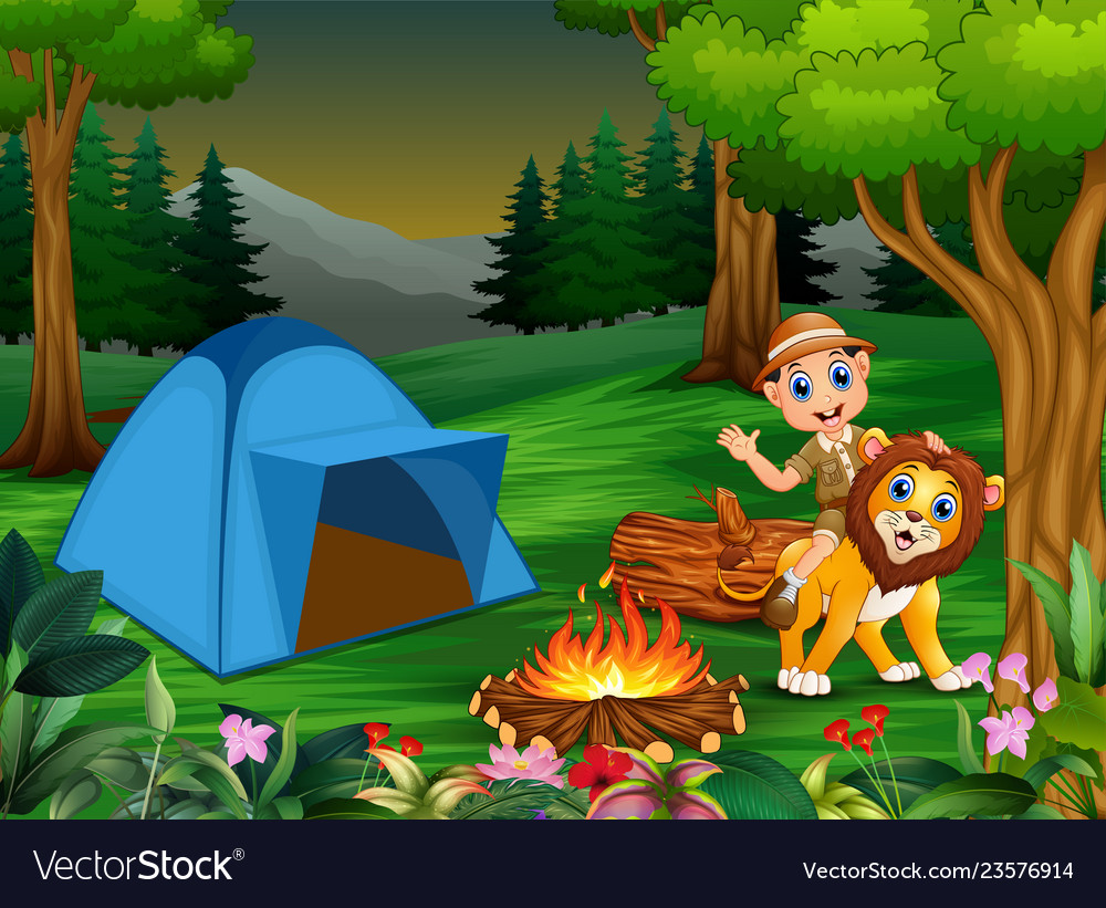 Zookeeper boy and a lion next to the tent bonf