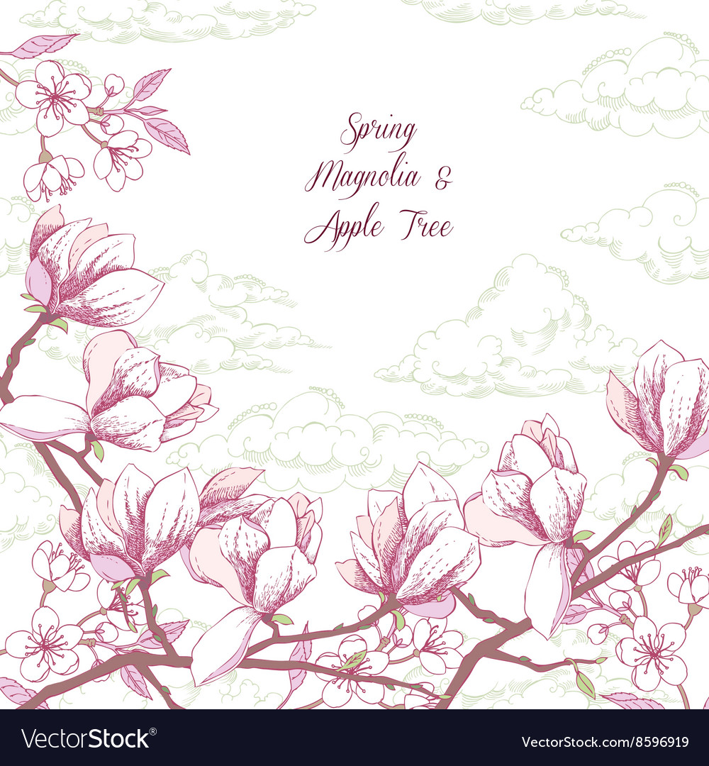 Background with magnolia and apple tree