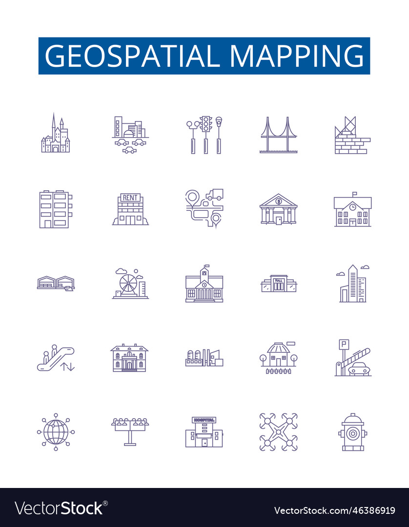 Geospatial mapping line icons signs set design vector image Geospatial mapping line icons signs set design