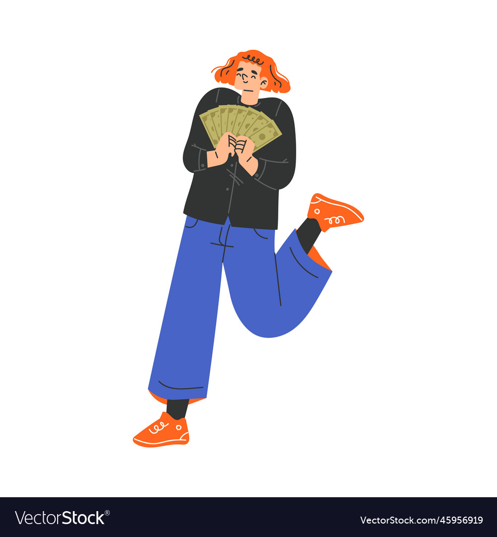 Rich woman character holding green banknotes