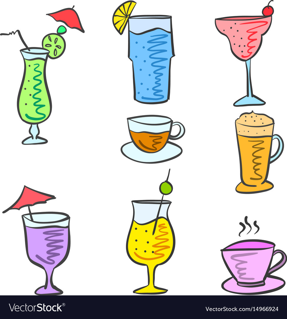 Cartoon design drink doodle set Royalty Free Vector Image