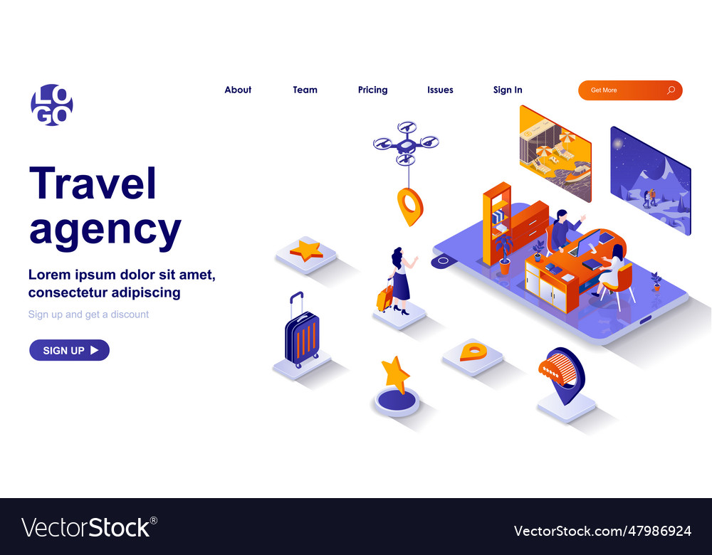 Reisebüro isometrische Landing Page Operator vector image Reisebüro isometrische Landing Page Operator