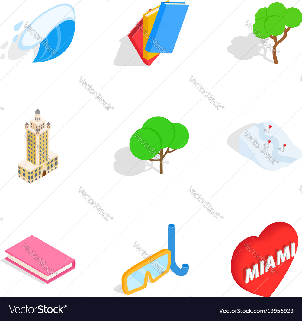 Funny place icons set isometric style Royalty Free Vector