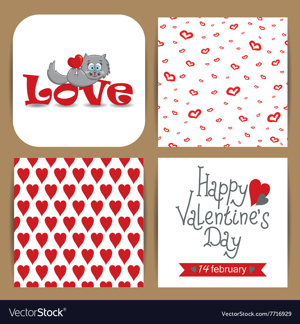 Set with cat and patterns hearts