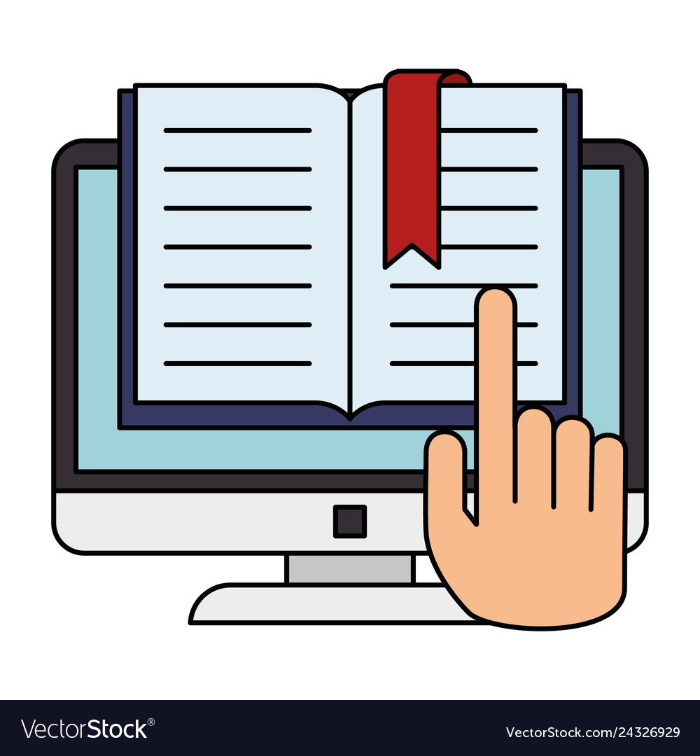 Text book with computer and hand vector image Text book with computer and hand