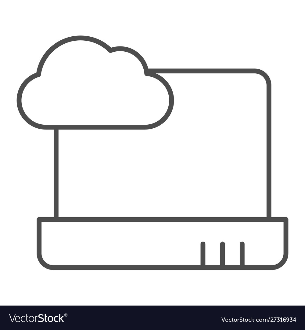 Cloud computing on laptop thin line icon notebook