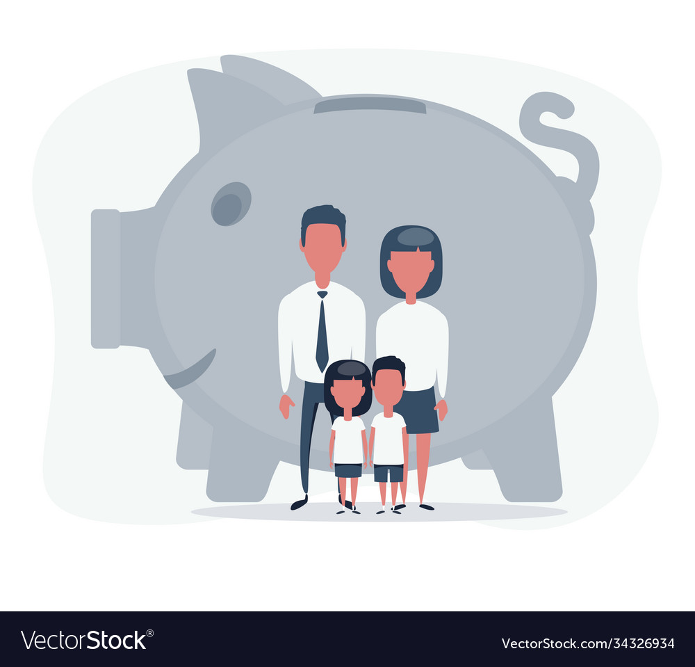 Portrait a happy family with piggy bank