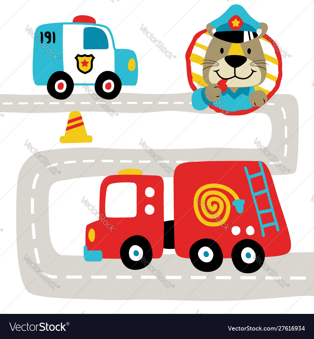 Traffic cop with rescue cars on city road cartoon Vector Image Traffic cop with rescue cars on city road cartoon Vector Image