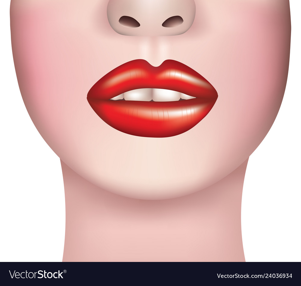 Woman face with red lips close up