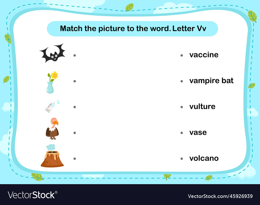 Match words with the correct pictures letter v Vector Image