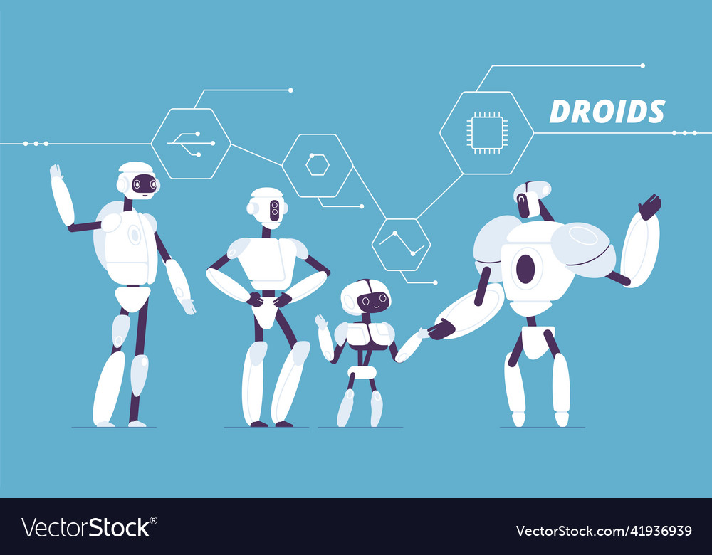 Robot group various androids models standing vector image Robot group various androids models standing
