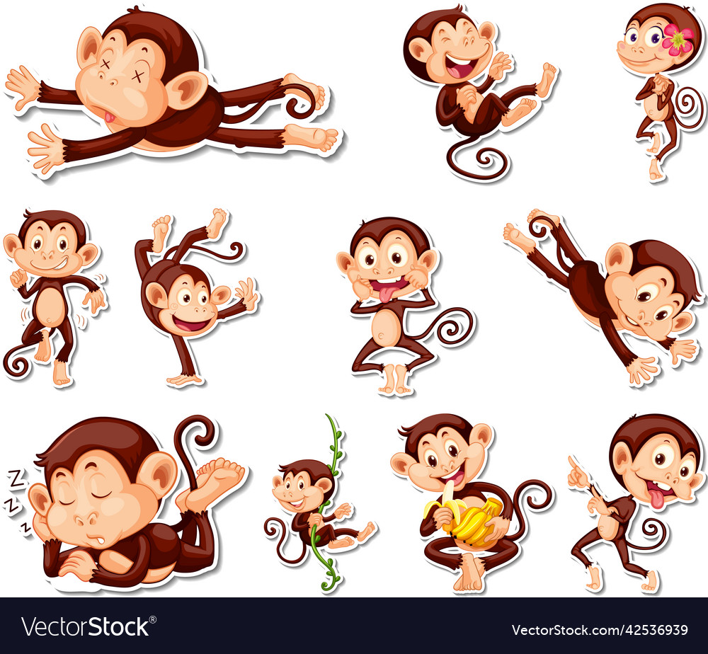 Sticker set of funny monkey cartoon characters Vector Image