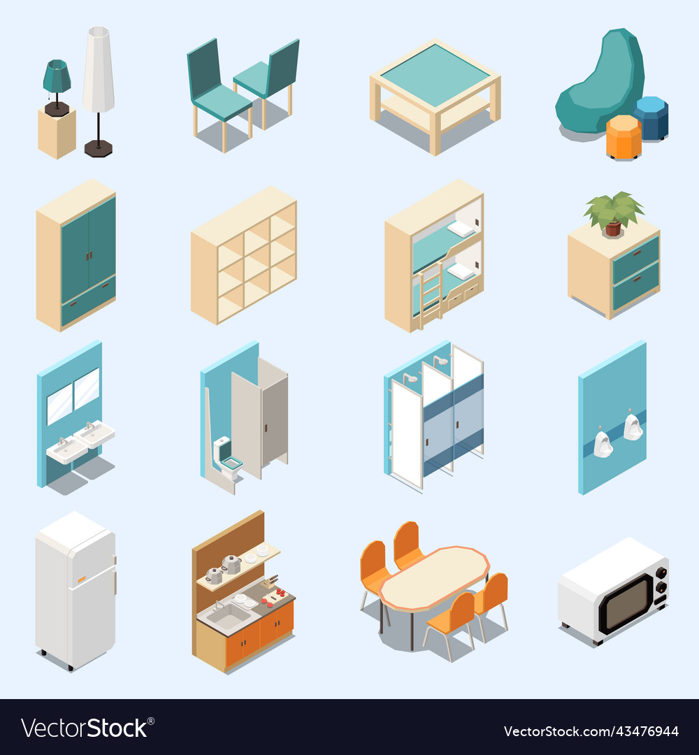 Hostel Isometric Set Royalty Free Vector Image