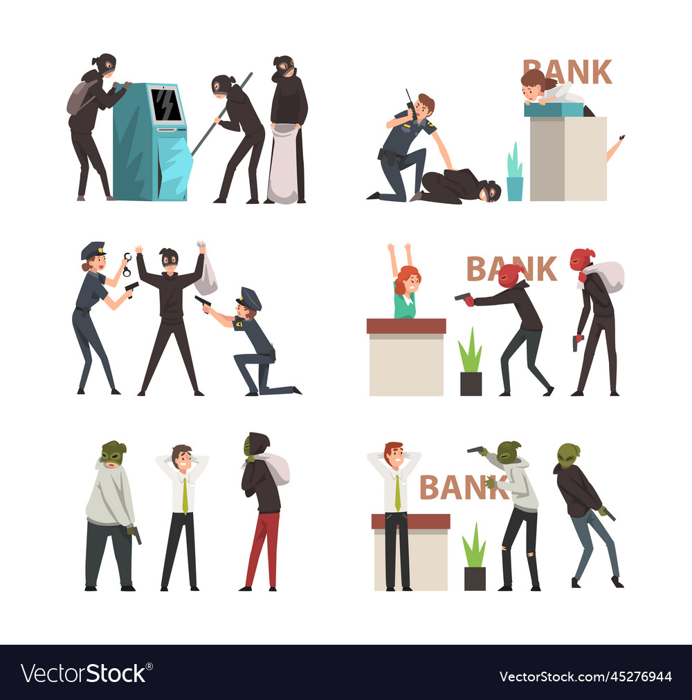 Masked Robbers Robbing Bank Set Policemen Vector Image 8644