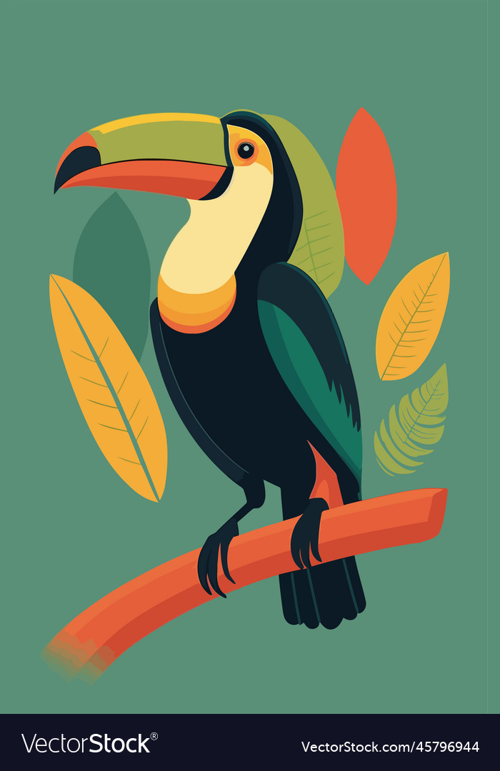 Toucan sitting on a tree branch in flat style