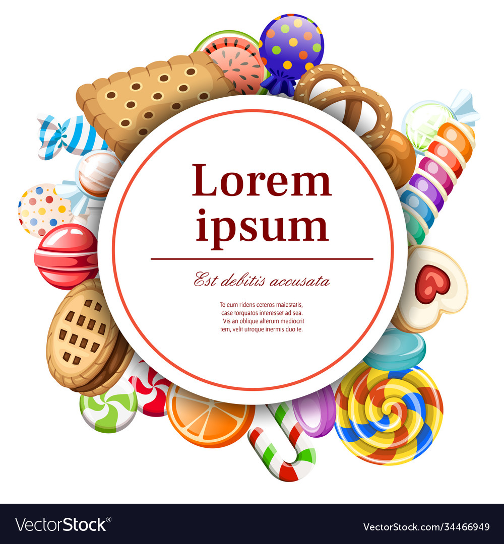 Candies and cookies pattern round card design vector image Candies and cookies pattern round card design