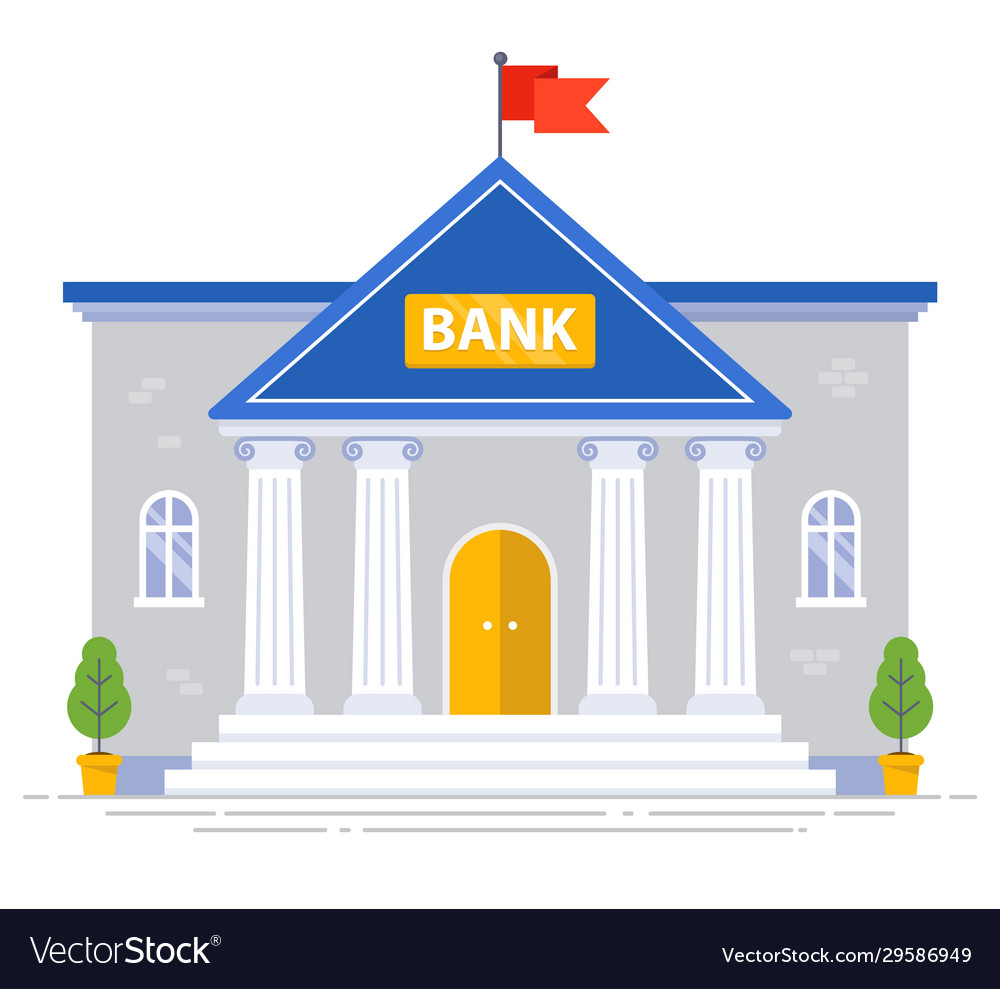 White bank building with columns and flag