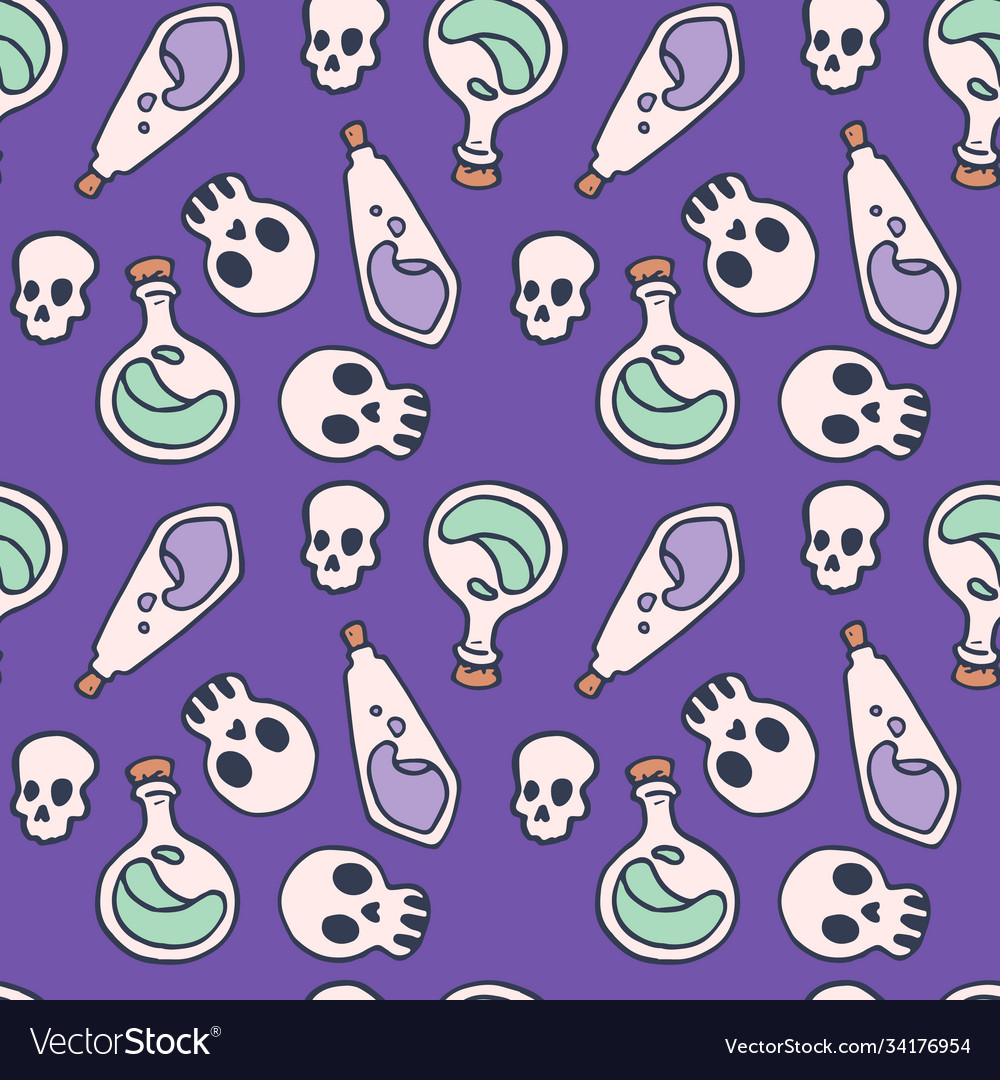 Skull and potion bottles seamless pattern