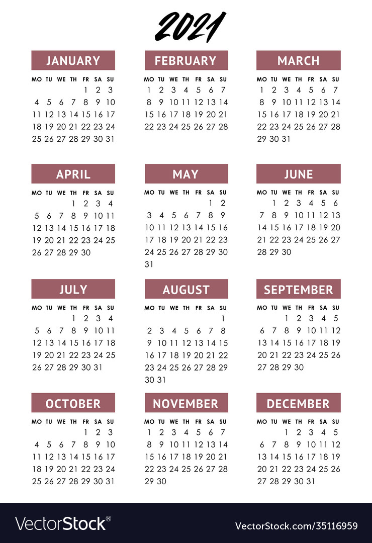 Calendar for 2021 year week starts monday Vector Image