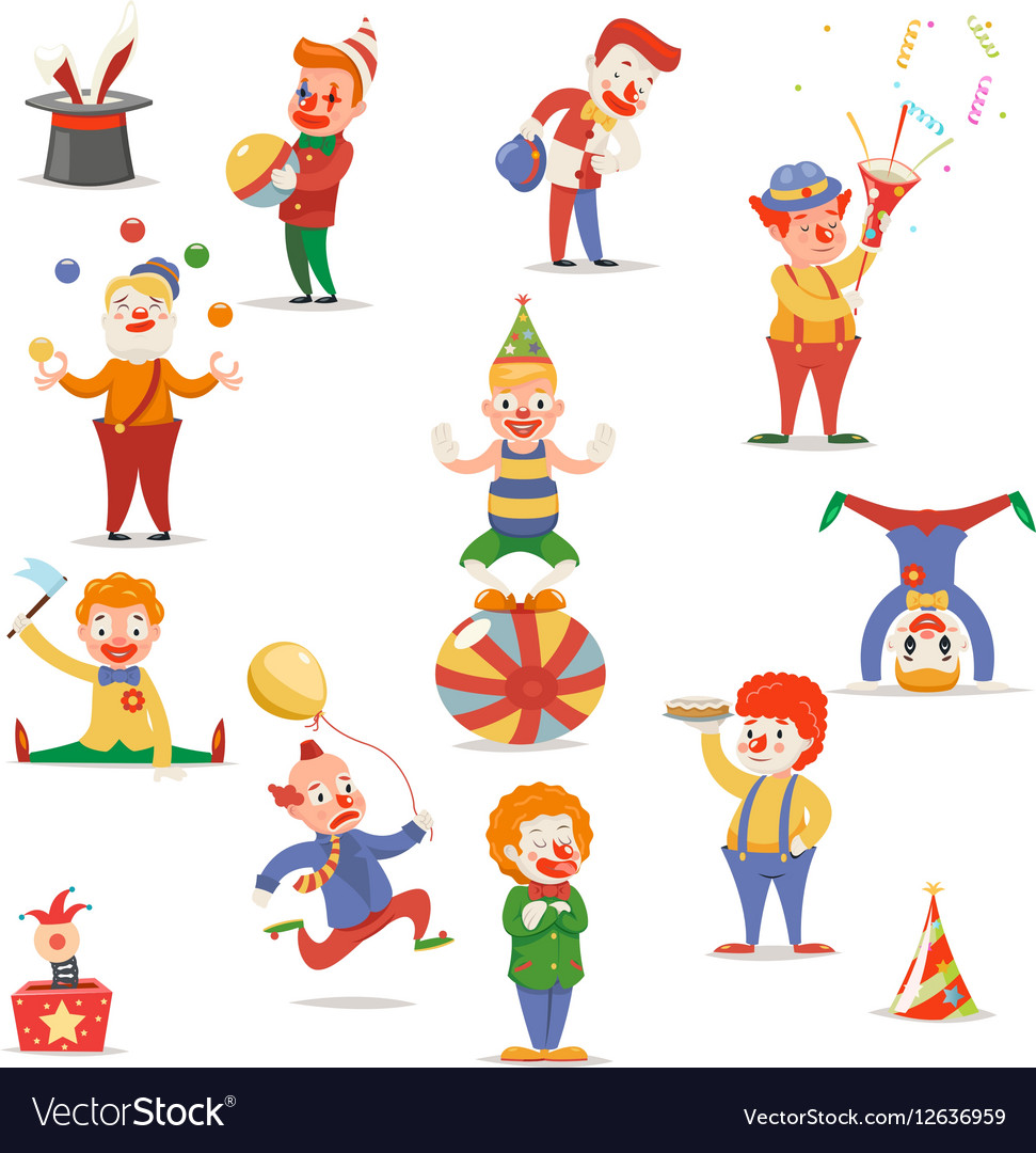 Circus clowns cute funny different positions