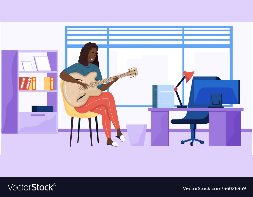 Girl sits in office with guitar musician plays