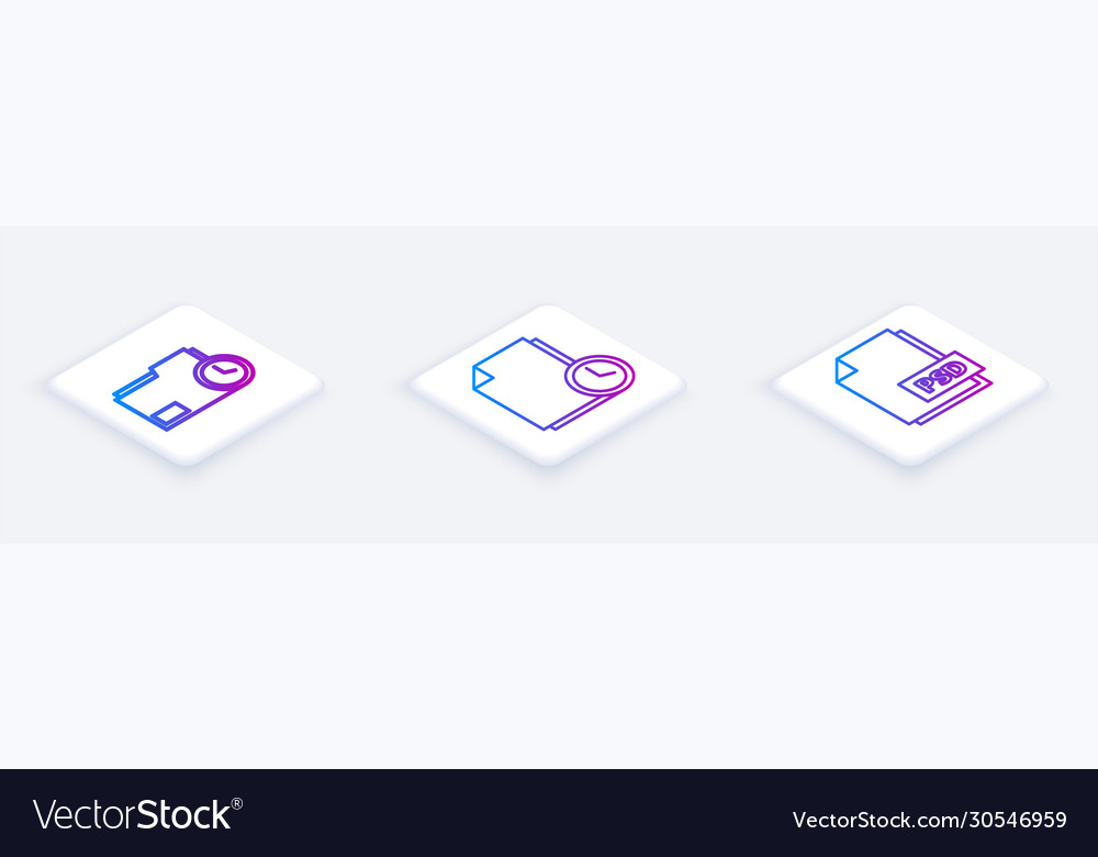 Set isometric line document folder with clock