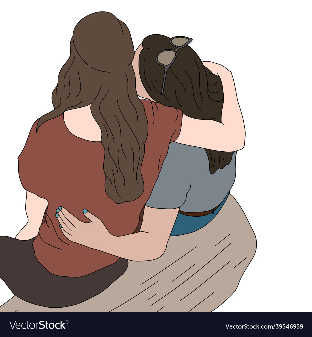 Two girls sitting on a woodblock drawn from vector image Two girls sitting on a woodblock drawn from