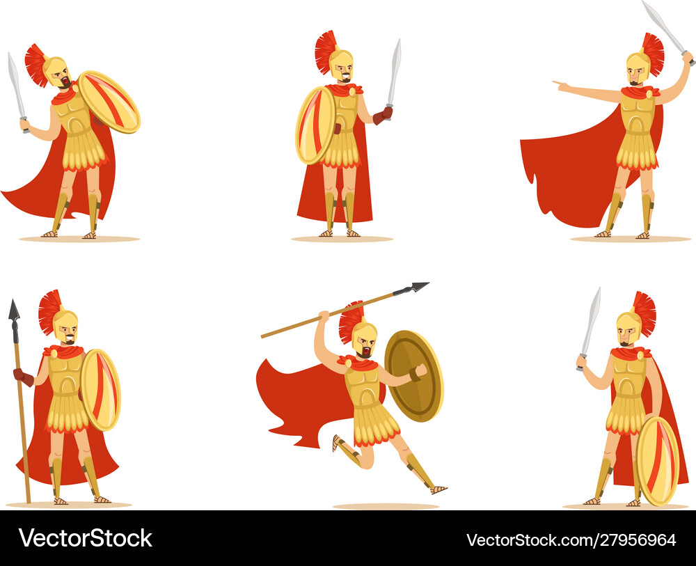 Gladiators holding swords set fighting Royalty Free Vector