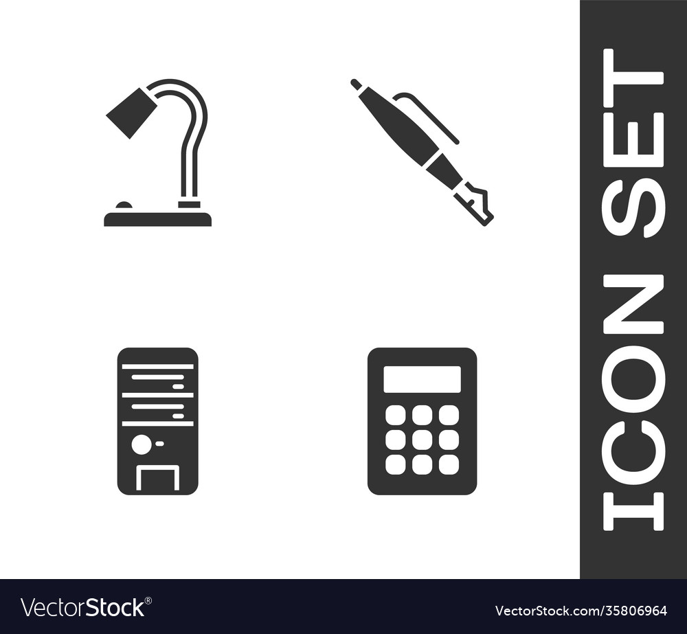 Set calculator table lamp computer and fountain vector image Set calculator table lamp computer and fountain